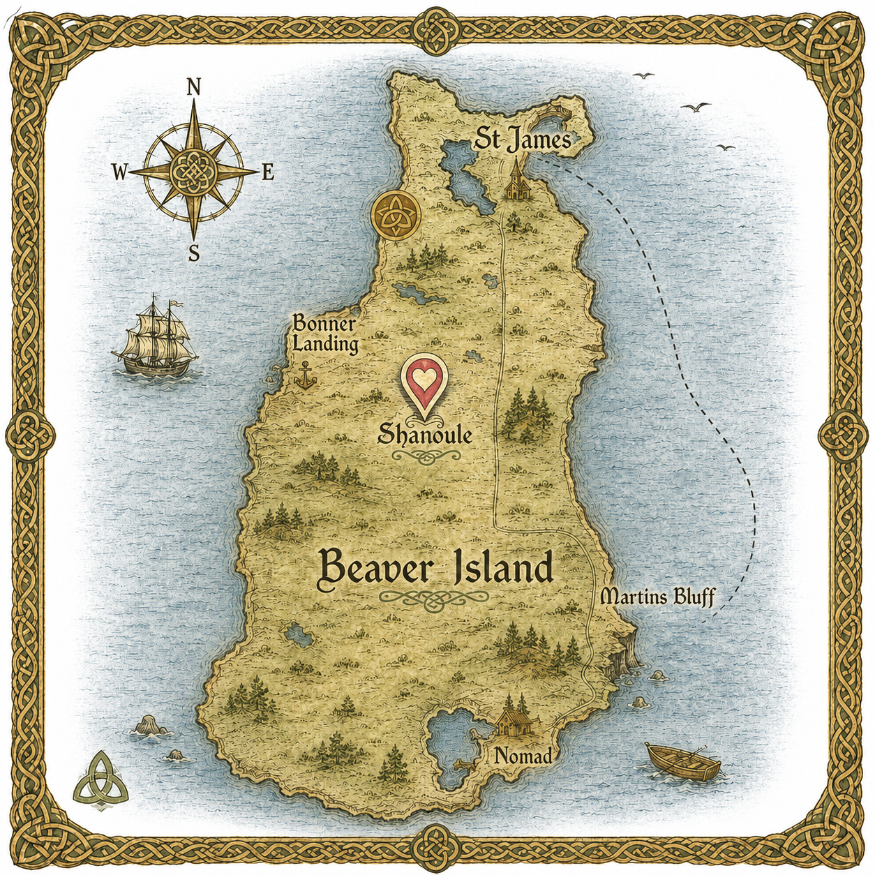 Illustrated map showing Shanoule cabin in the heart of Beaver Island Michigan